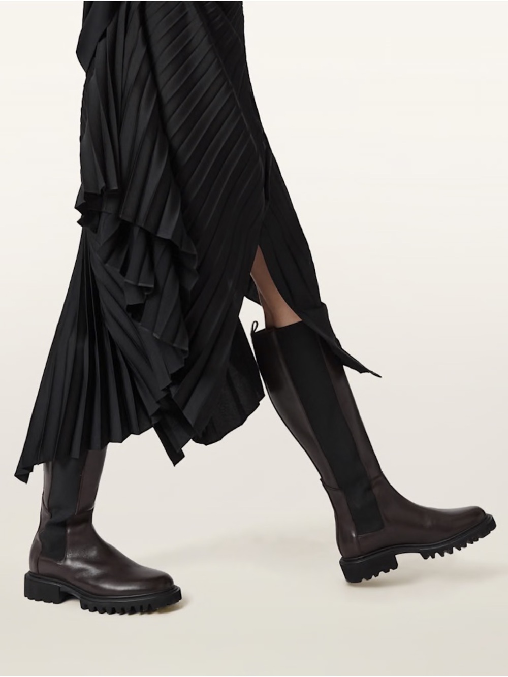 AllSaints Maeve Black Leather Knee High Lug Sole Boots Size 37 designer comfy - Picture 2 of 11